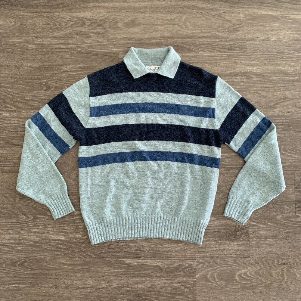 Vintage 50s 60s Ferranti California Blue Striped Collard Wool Sweater Sz. L